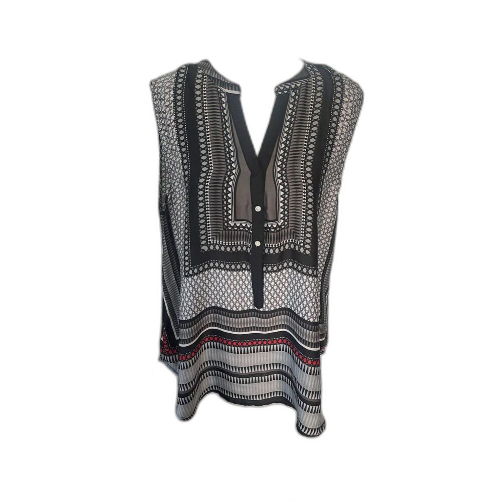 Brixon Ivy Gray Fallon Mixed Print Geometric Sleeveless V Neck Henley Blouse L